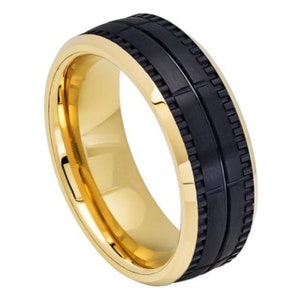 Gold Ring Mens Wedding Band 8mm Engagement Ring Yellow Gold Wedding Band Anniversary Tungsten Carbide Brushed Black Ring For Men Promise