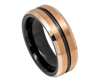 Rose Gold Ring Mens Wedding Band Tungsten Carbide 8mm Rose Gold Engagement Ring For Man Rose Gold Wedding Band Promise Lifestyle Black Ring