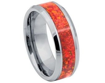 Fire Opal Ring Mens Wedding Band 8mm Red Fire Opal Engagement Ring Tungsten Carbide Anniversary Red Fire Opal Wedding Band Promise Ring