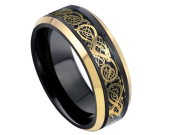 Gold Celtic Dragon Ring Tungsten Carbide 8mm Polished Gold Dragon Ring Durable Scratch Resistant Ring Lifestyle Band Promise Anniversary