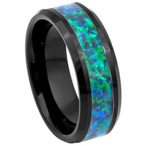 Green Opal Ring Mens Wedding Band 8mm Opal Engagement Ring Tungsten Carbide Anniversary Emerald Green Opal Wedding Band Promise Ring