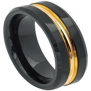 Black Gold Ring Mens Wedding Band Tungsten Carbide 8mm Black Gold Wedding Band Engagement Band Anniversary Scratch Resistant Durable Ring