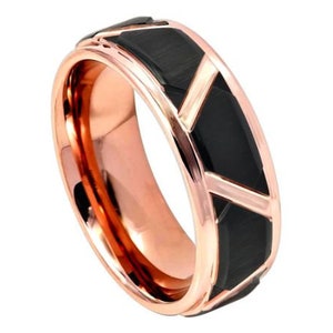 Anello d&#39;oro rosa Mens Wedding Band Tungsten Carbide 8mm Rosa Oro Fidanzamento Anello trapezio Per Uomo Rosa Oro Fede Nuziale Black Ring Promise