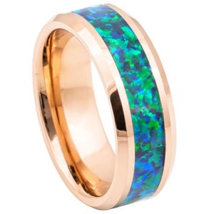 Opal Ring Mens Wedding Band 8mm Opal Engagement Ring Tungsten Wedding Band Anniversary Rose Gold Ring Opal Wedding Band Mens Rose Gold Band