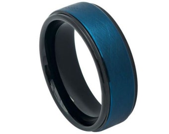 Blue Ring 8mm Mens Wedding Band Lifestyle Ring Womens Wedding Band Men Blue Ring Anniversary Blue Wedding Band Tungsten Carbide Black Ring