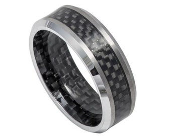 Carbon Fiber Ring Black Wedding Band Mens Tungsten Ring 8mm Engagement Band Anniversary Black Carbon Fiber Jewelry Promise Lifestyle Ring