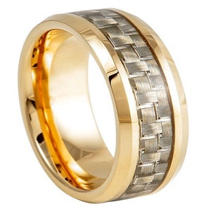 Anillo de oro de fibra de carbono anillo oro amarillo anillo de oro 8mm oro fibra de carbono banda oro fibra de carbono joyería oro amarillo banda de boda tungsteno carburo