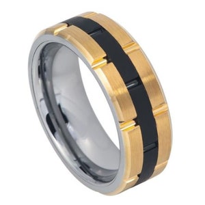 Gouden Ring Heren Trouwring 8mm Verlovingsring GeelGouden Trouwring Jubileum Wolfraam Carbide Geborsteld Zwarte Ring Voor Mannen Belofte