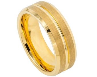 Gold Ring Mens Wedding Band 8mm Engagement Ring Yellow Gold Wedding Band Anniversary Tungsten Carbide Gold Ring For Men Promise Durable