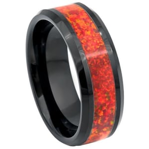 Fire Opal Ring Mens Wedding Band 8mm Red Fire Opal Engagement Ring Tungsten Carbide Anniversary Red Fire Opal Wedding Band Red Black Ring