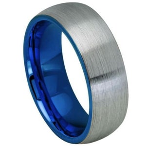 Blue Ring 8mm Tungsten Wedding Band Scratch Resistant Band Womens Wedding Band Brushed Silver Ring Anniversary Blue Wedding Band Silver Band