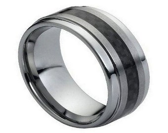 Black Carbon Fiber Ring Tungsten Wedding Band 9mm Black Carbon Fiber Band Engagement Anniversary Ring Mens Wedding Band Tungsten Carbide