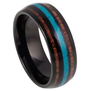 Koa Wood Ring Mens Wedding Band 8mm Tungsten Carbide Hawaiian Koa Wood Wedding Band Anniversary Engagement Mens Turquoise Ring Promise