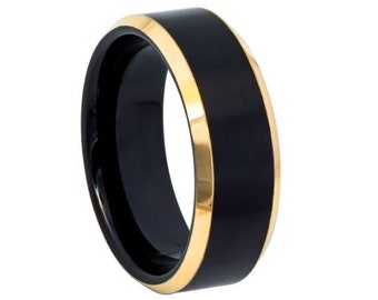 Zwarte gouden ring mens trouwring wolfraam carbide 8mm zwart goud trouwring verlovingsband verjaardag zwart en geelgouden ring mannen