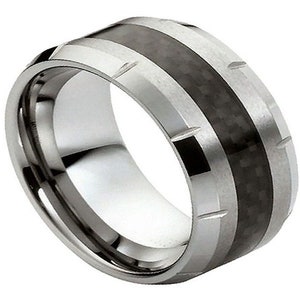 Black Carbon Fiber Ring Tungsten Wedding Band 10mm Black Carbon Fiber Band Engagement Anniversary Ring Mens Wedding Band Tungsten Carbide