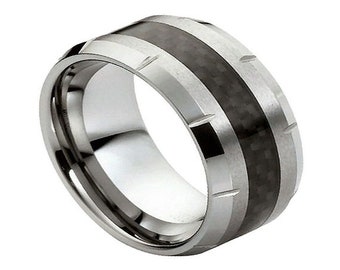 Black Carbon Fiber Ring Tungsten Wedding Band 10mm Black Carbon Fiber Band Engagement Anniversary Ring Mens Wedding Band Tungsten Carbide