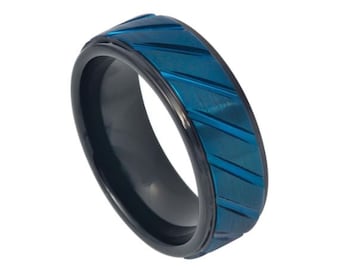 Blue Ring 8mm Mens Wedding Band Lifestyle Ring Womens Wedding Band Men Blue Ring Anniversary Blue Wedding Band Tungsten Carbide Black Ring