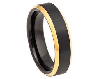 Zwarte gouden ring mens trouwring wolfraam carbide 6mm zwart goud trouwring verlovingsband verjaardag zwart en geelgouden ring mannen