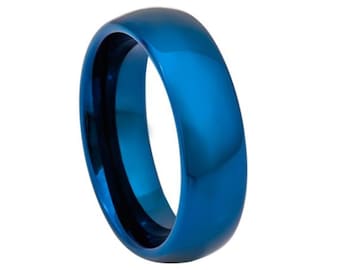 Mens Blue Ring 6mm Tungsten Wedding Band Scratch Resistant Ring Womens Wedding Band Polished Blue Ring Anniversary Blue Wedding Band Promise