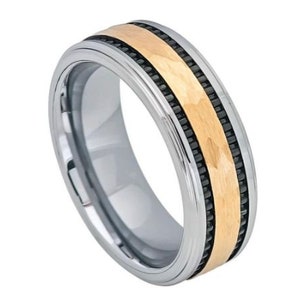 Mens Tungsten Ring Hammered Wedding Band 8mm Engagement Hammered Gold Ring Anniversary Lifestyle Ring Durable Scratch Resistant Ring