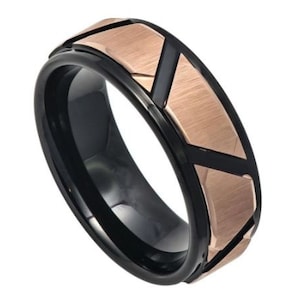 Rose Gold Ring Mens Wedding Band Tungsten Carbide 8mm Rose Gold Engagement Trapezoid Ring For Man Rose Gold Wedding Band Black Ring Promise