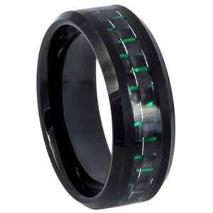 Green Carbon Fiber Ring Black Wedding Band 8mm Green Carbon Fiber Band Green Carbon Fiber Jewelry Mens Wedding Band Tungsten Black Ring