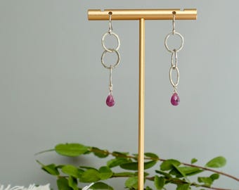 Sterling Silver Drop Earrings | Ruby Stones | Lightweight | Everyday Jewelry | Handmade | Made to Order