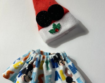 White Mickey Mouse Skirt with Santa Ears Hat by Christmas Shelf Clothes for 12 inch Elf or Pixie