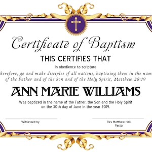 8.5x11 Plantilla de certificado de bautismo, Editar en Microsoft Word, Descarga instantánea, Descarga de certificado