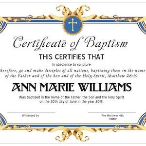 Plantilla de certificado de bautismo de 8,5 x 11, edición en Microsoft Word, descarga instantánea, descarga de certificado