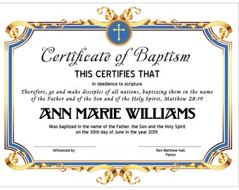 Op de afbeelding: Een blauw en gouden doopcertificaat voor Ann Marie Williams, gedateerd 30 juni 2019. Het certificaat bevat een kruis en de tekst "In gehoorzaamheid aan de Schrift, Ga dan heen en maak alle volken tot mijn leerlingen, doop hen in de naam van de Vader en de Zoon en de Heilige Geest, Mattheüs 28:19."