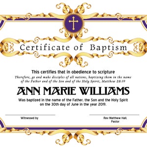 8.5x11 Plantilla de certificado de bautismo, Editar en Microsoft Word, Descarga instantánea, Descarga de certificado