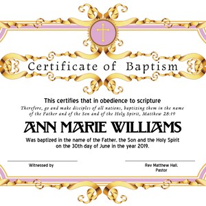 8.5x11 Plantilla de certificado de bautismo, Editar en Microsoft Word, Descarga instantánea, Descarga de certificado