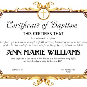 8.5x11 Plantilla de certificado de bautismo, Editar en Microsoft Word, Descarga instantánea, Descarga de certificado
