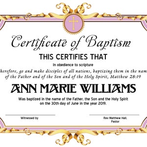 8.5x11 Plantilla de certificado de bautismo, Editar en Microsoft Word, Descarga instantánea, Descarga de certificado