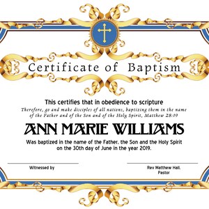 8.5x11 Plantilla de certificado de bautismo, Editar en Microsoft Word, Descarga instantánea, Descarga de certificado