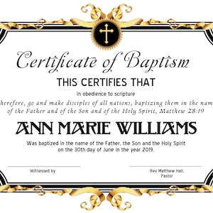 8.5x11 Plantilla de certificado de bautismo, Editar en Microsoft Word, Descarga instantánea, Descarga de certificado