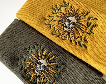 Skull Flower Embroidered Beanie