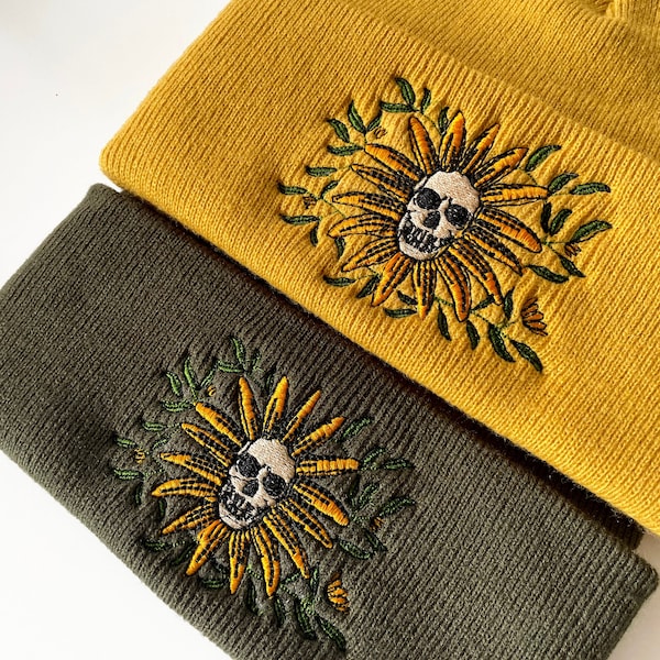 Skull Flower Embroidered Beanie