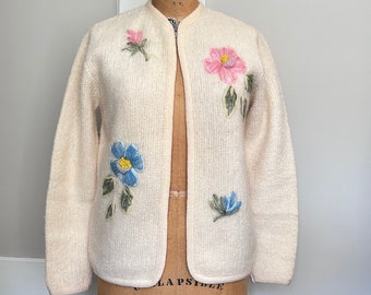 Pretty Vintage Hand Embroidered 3-D Floral Boucle 1950s Cardigan Sweater