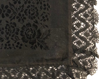 Victorian Shawl - Floral Border on Black Silk Satin Jacquard Shawl w/ Lace Edging