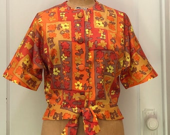 Fun Floral 1960s Blouse w/ Tie Waist