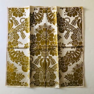 French Silk Metallic Gold Damask Floral, Scroll, Tassels Textile