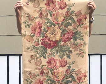 1940s Floral Linen Fabric: Roses & Tulips Bouquet, Home Furnishings