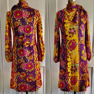 Folkloric Dress “Ilse Smith for Dalani” Vintage 1970s Jersey Tie Neck Colorful Dress