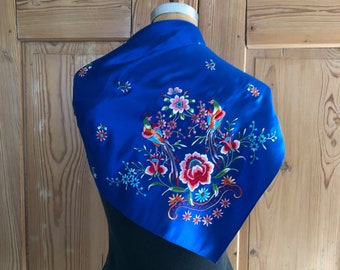 Chinese Silk Hand Embroidered Royal Blue Silk 1980s Scarf