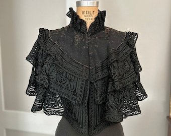 Fabulous Black Silk Victorian Cape with Lace Ruffles