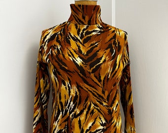 Tiger Rollkragen Polyester Strickpullover 1970er Jahre Bluse