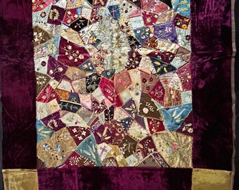 Antique 1800s Silk Crazy Quilt Top with a Velvet Border & Embroidery