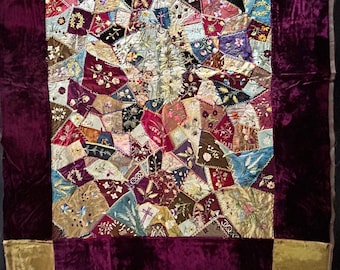 Crazy Quilt Top w/ a Velvet Border & Embroidery